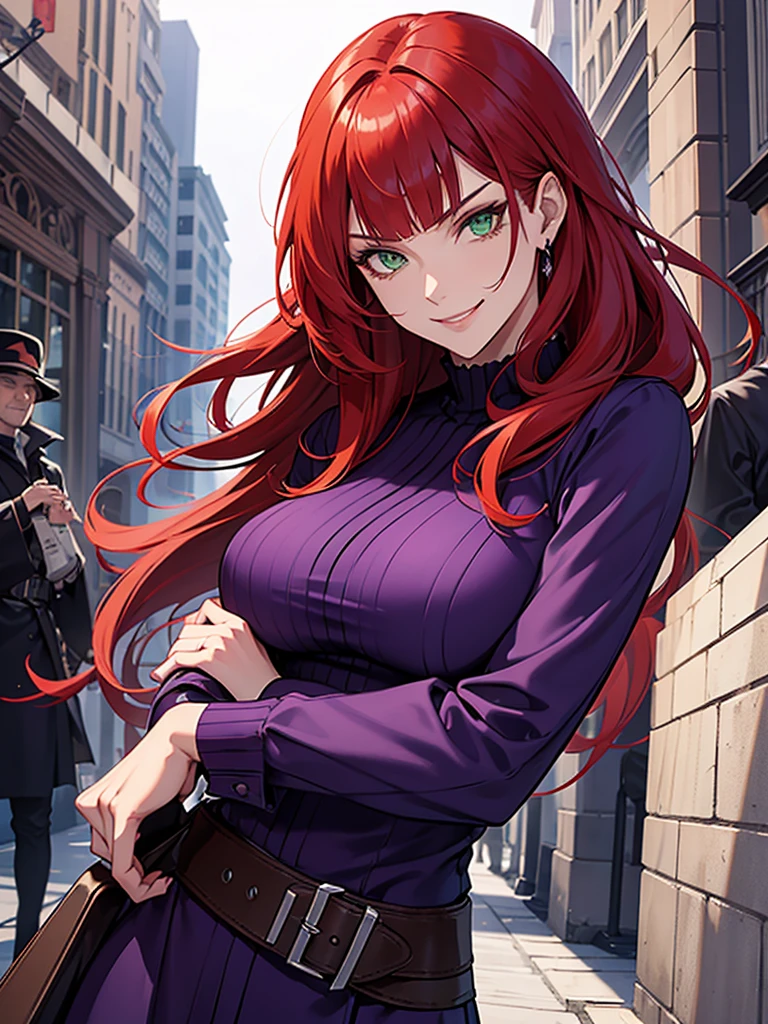 green eyes, red hair with long bangs, noble, mafia. sadistic women, wavy long hair. strong woman. background in winter. spy. sadistic smile. purple outfit. she fighting