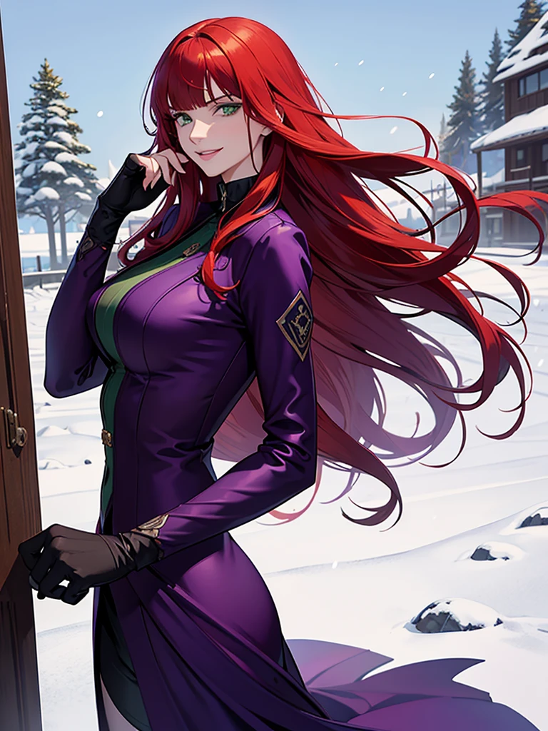 green eyes, red hair with long bangs, noble, mafia. sadistic women, wavy long hair. strong woman. background in winter. spy. sadistic smile. purple outfit. she fighting