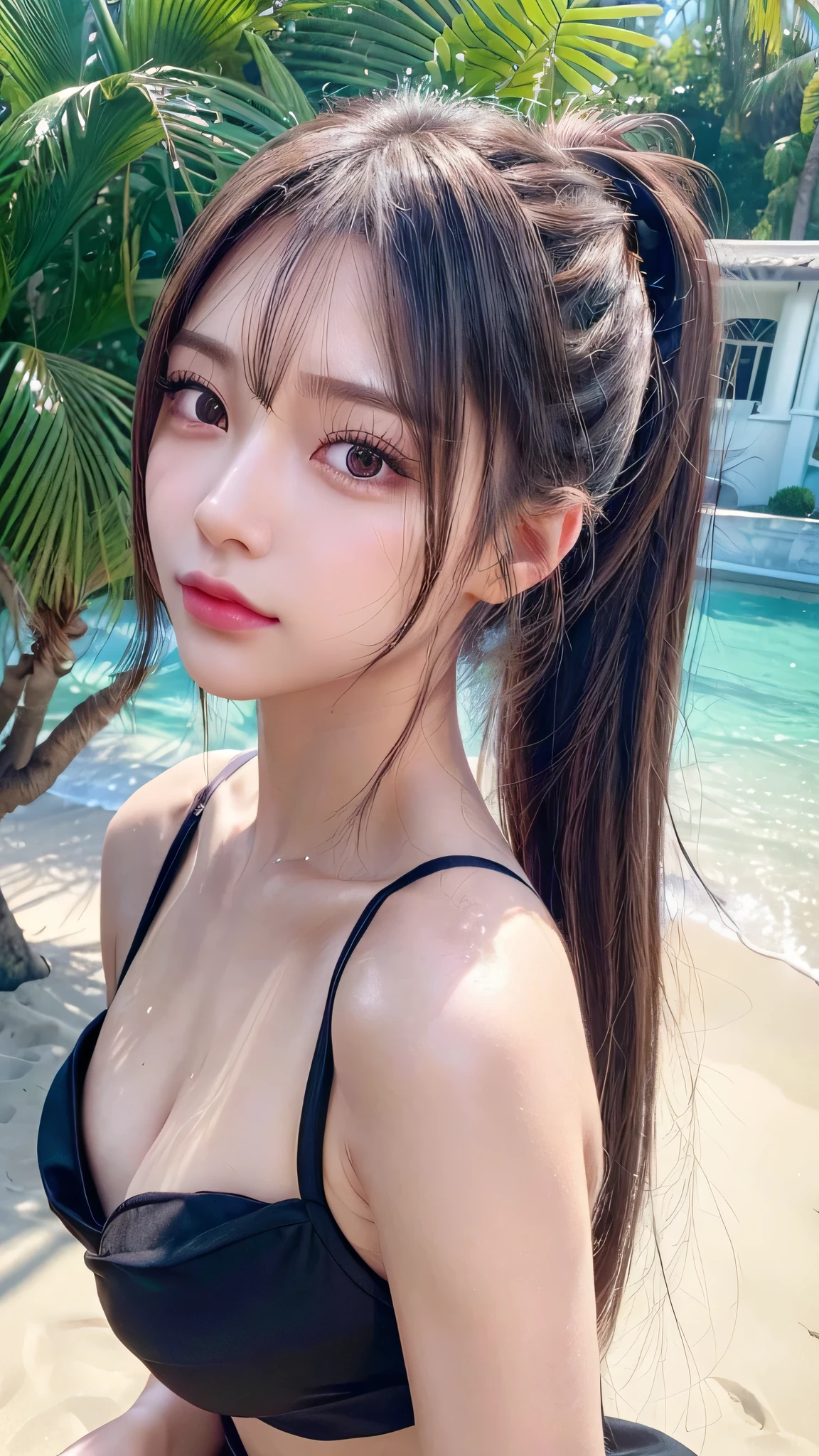 body shot,Outdoor,Black micro bikini,resort Beach,Ultra-detailed, finely detail, hight resolution, 8K Wallpaper, Perfect dynamic composition, Beautiful detailed eyes,,Close-up of face,,Blushing,Facing forward,Long hair ponytail,((8k, Raw photo, Best Quality, Mastepiece:1.2), (Realism, Photorealistic:1.4), (Highly detailed 8K wallpapers), Depth of written boundary, Cinematic Lighting, Soft Light, Detailed Beauty Eye,Shiny and smooth light brown ponytail, Asymmetrical bangs, Shiny skin, Ultra-detailed skins ,It is high resolution., High detail, Detailed hairstyle, Detailed facial beauty, Hyper-realistic, Perfect limbs, Perfect Anatomy ,Of Japanese,Famous Japanese Idols, Perfect female body,A shy smile,Short eyelashes,Double-edged eyelids,Look straight here,Hair style: ponytail,