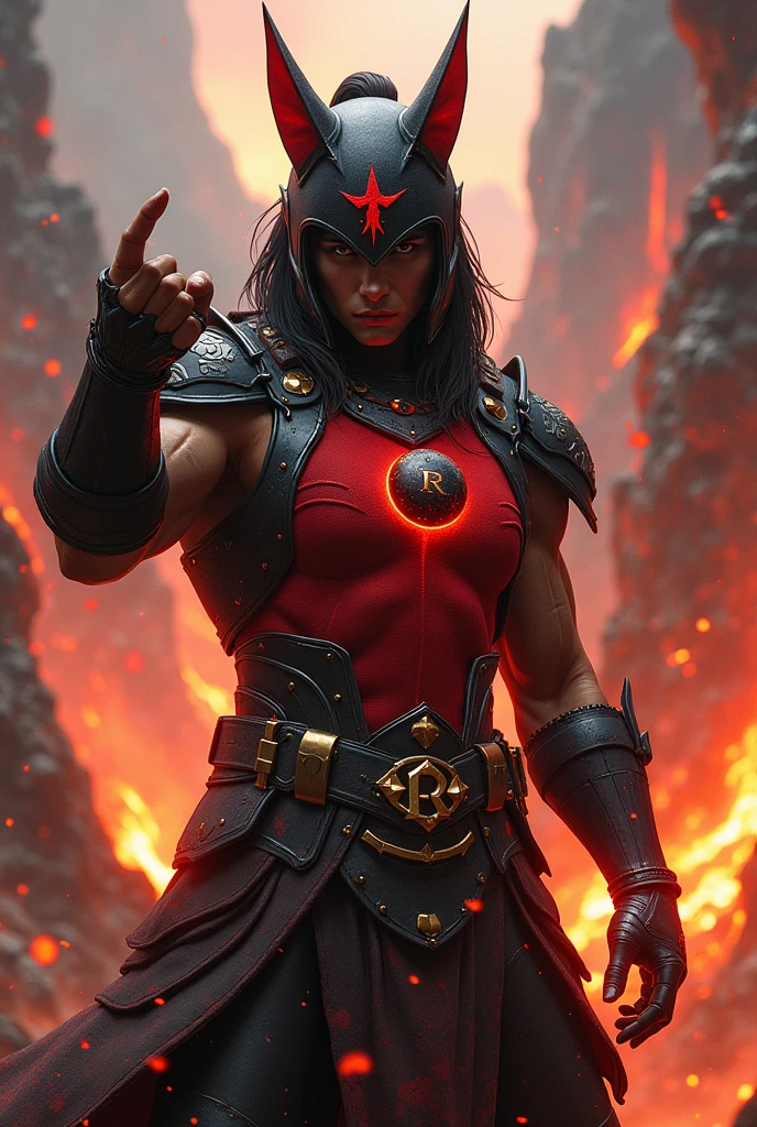 Male age 20, moto black helmet with red punk horns, black stone with lava glowing on the chest, Plate armor, armor breastplate with two four-pointed red stars, a gold belt buckle with a letter R, red leotard, plate belt, plate wristband, armor boots with red flames, cyberpunk japanese style, athletic, magic powers, action, black cat nails, punch pose, volcano backgroud, full body