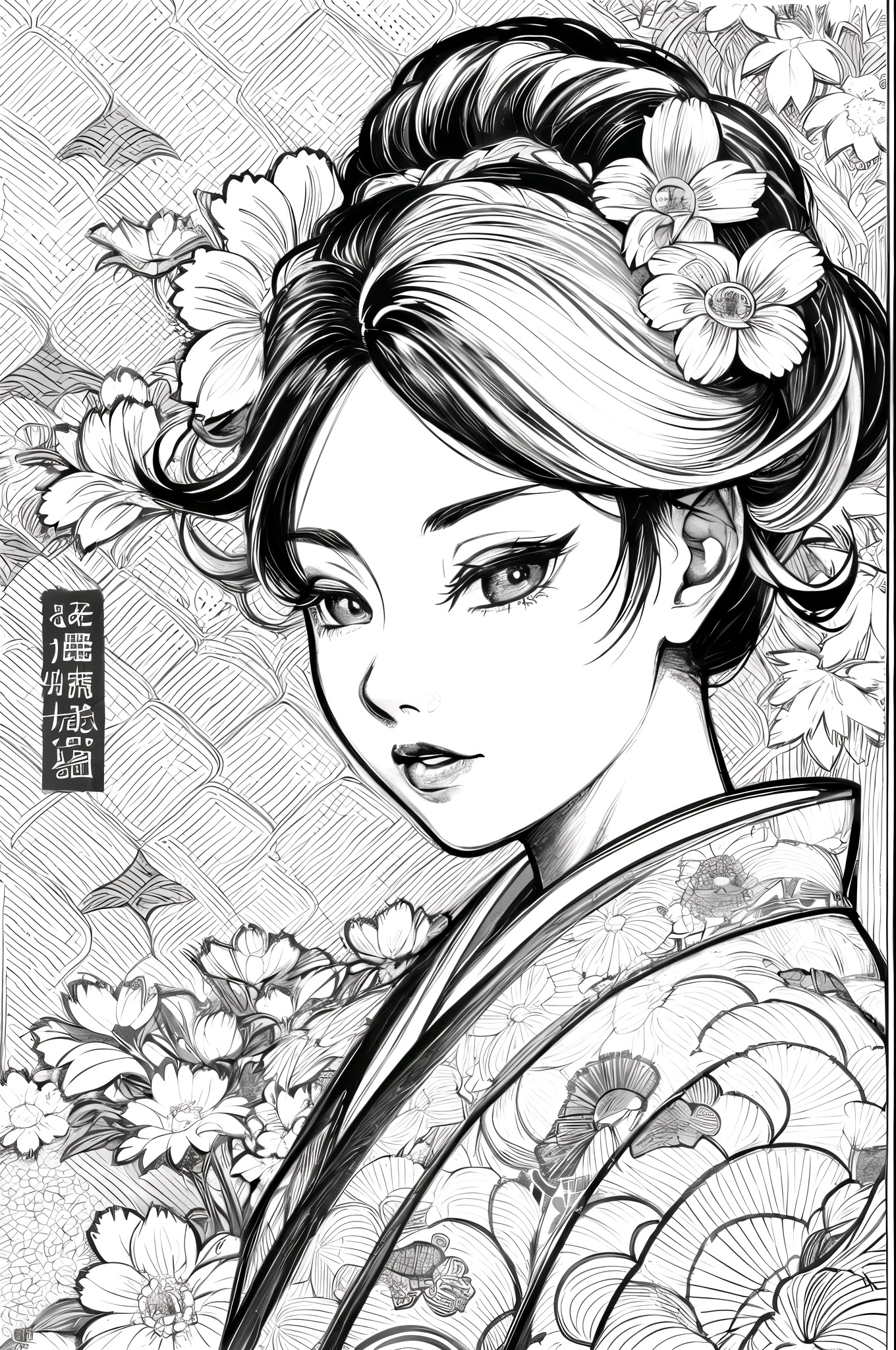 (high contrast, sketch, monochrome, clean line drawings for coloring book:1.3), Depicting a realistic and cute ukiyo-e illustration of a woman in a kimono that conveys Japanese culture. The illustration is a illustration with detailed facial features and cartoon-style visuals.