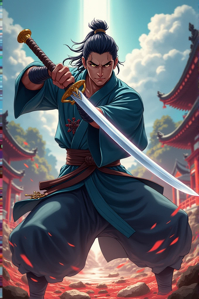 A man named master kuro with an extremely strong sword he is 4 do in anime style