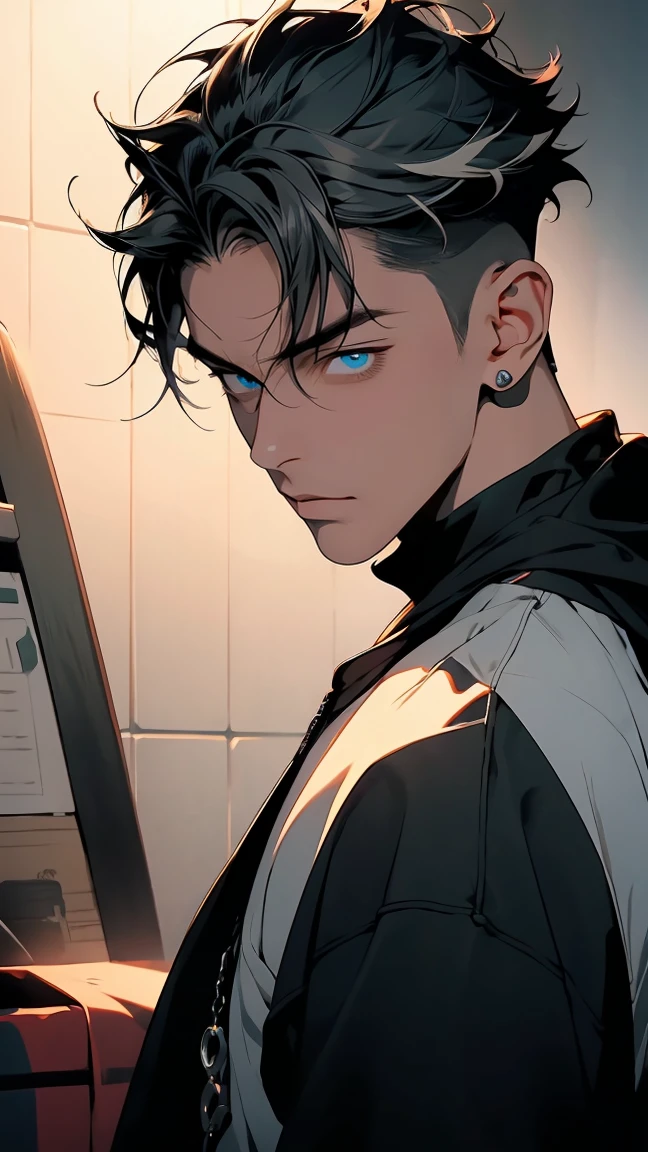 highest quality, 8K, high resolution image, anime style Jujutsu Kaisen, (Wriothesly/Genshin Impact), detailed strokes, bored look, blurry, purple light reflecting from it, 1 man, young, male, model, Hand in pocket, Cool guy, multicolored background with different geometric shapes, around stickers, muscular, black hair, Hairstyle: undercut, aqua eyes, multicolored hair, gray hair, hair between eyes, highlighted hair, puffy chest. He is wearing a Jacket with plush hood and sweatpants, ????? torso, abs, a gold link chain, sweatpants, background: room, kitchen,