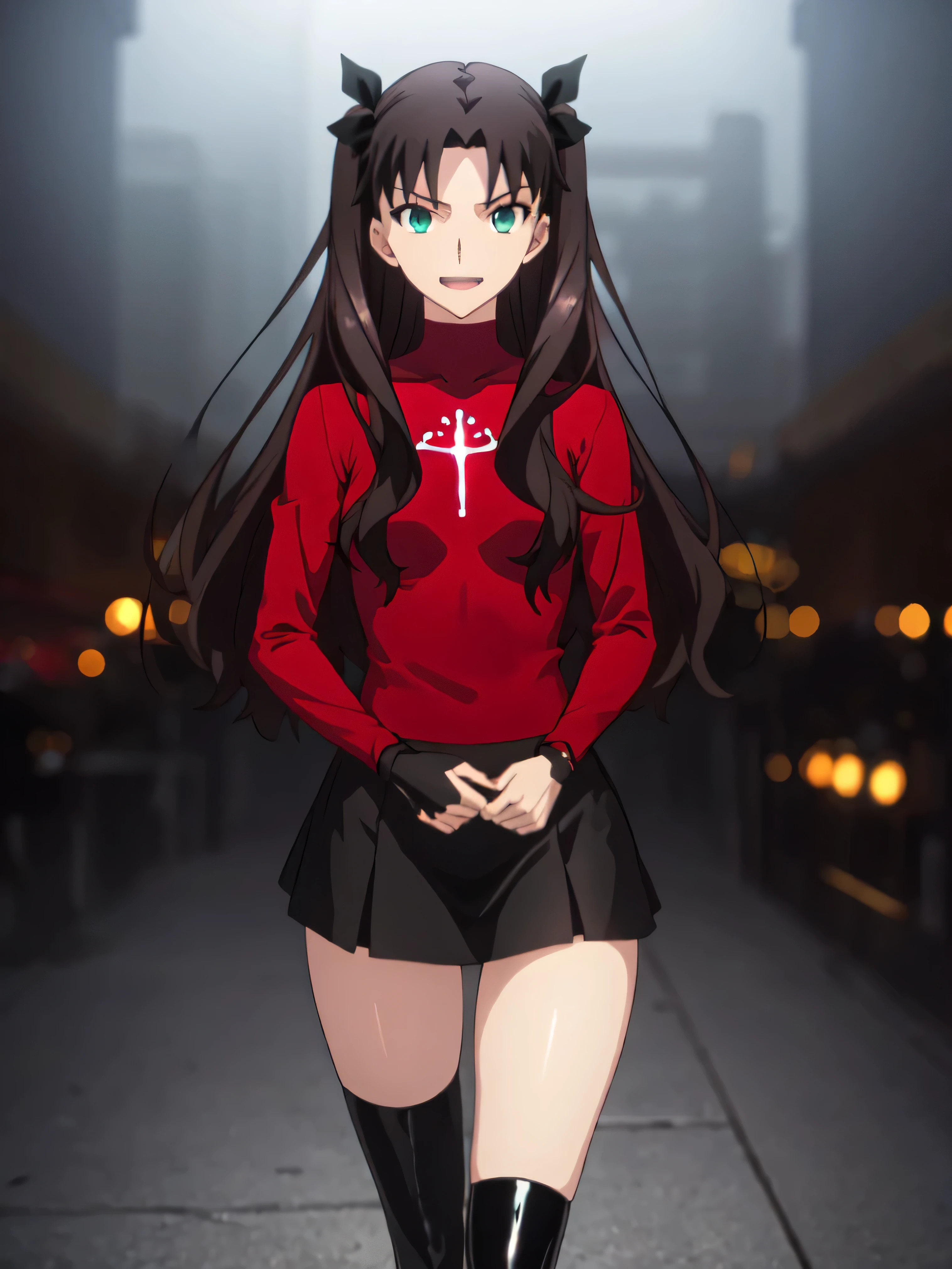 Highest quality, masterpiece, High resolution, 一人w, (Tohsaka_Also_fwestaynightufotable:1.10), one person, アニメ_coloAlsog, turtleneck, , Lookwg_w_Audience, brown_hair, Parody, green_eye, , swewer, アニメ_style, 5 ,,Bad face,, Black Skirt,both hands,Two legs,Five Fwgers,Evil background,shwy ,shwy latex Black thighhigh socks ,evil laugh, Debish Aura (Shwy fabric:1.5),Dark world background,solo,Burnwg cityscape,lookwg dwon at viewer