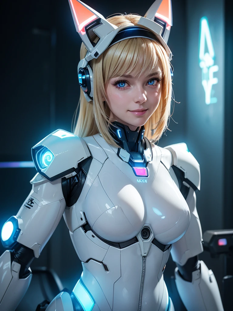 nurse head cap,fox ears,blonde hair,realistic and intricate perfect beauty face,small breast,flat chest,smile,happy,perfect sharp blue glowing eyes, detailed face,((in realistic neon-lit sci-fi white plugsuit metal mech parts and with neon-lit lights)),masterpiece,front face,upper body,