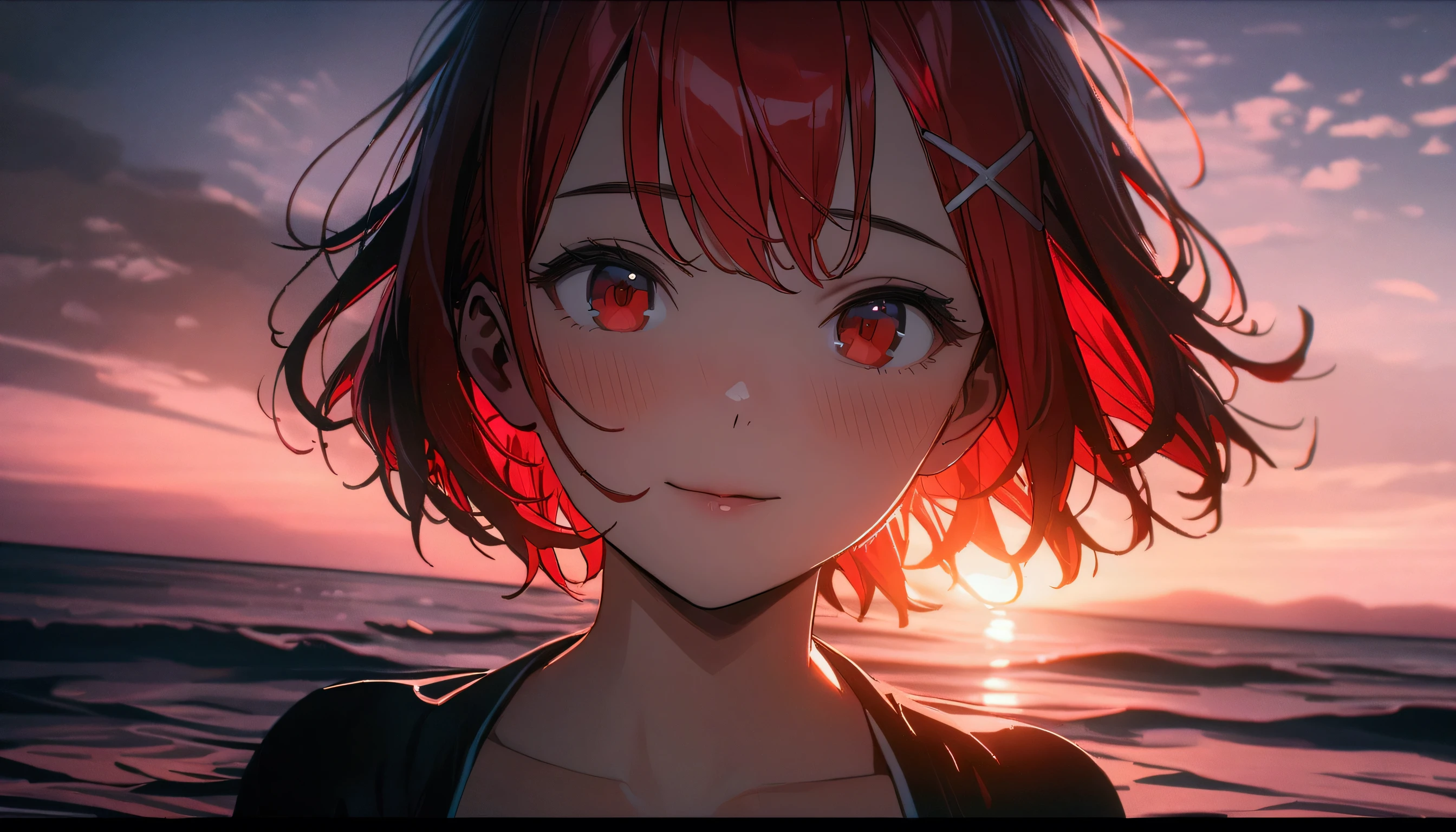 short hair, (Red hair:1.2), x Hair ornament, Red eyes,One person,Highest quality, masterpiece, High resolution,highest quality, intricate details, (cinematic lighting), RAW photo, 8k ,high definition detail、In the sea、swim、