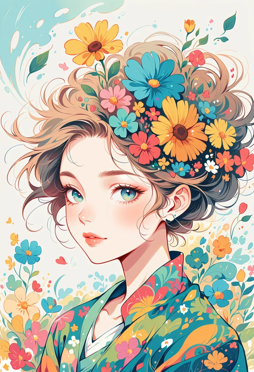 Watase Seizo style, ghost,Simple line initials,Abstract art,Urban Background, (((The most beautiful girl))), Lips in Love, walk, Colorful flowers, colorful, The monsters surrounding the woman, maternal