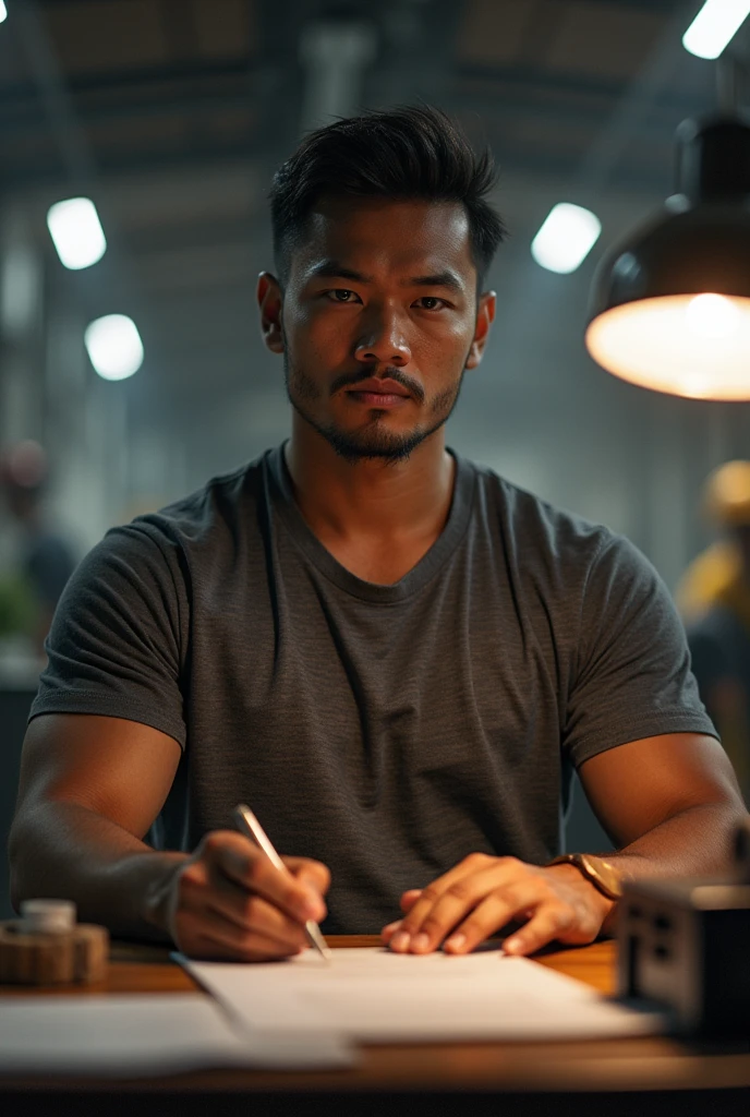 Indonesian people, he works on the project, black but handsome, strong body, but bloated