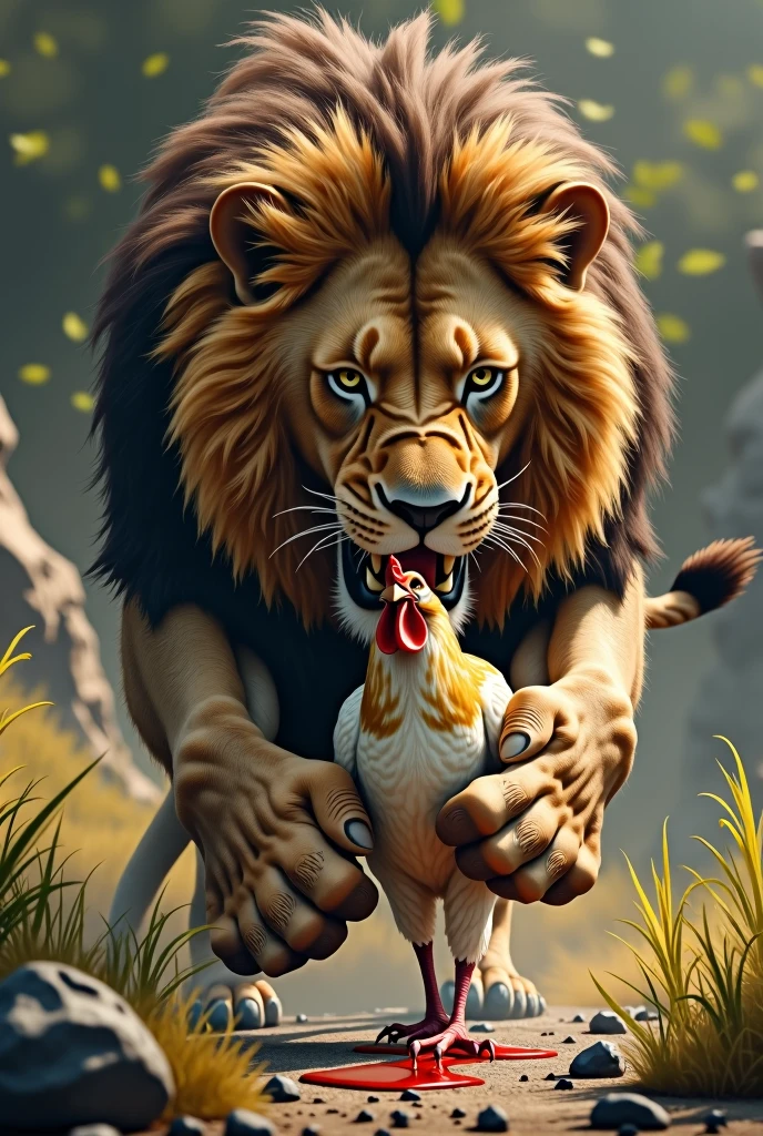 A lion eating chicken
