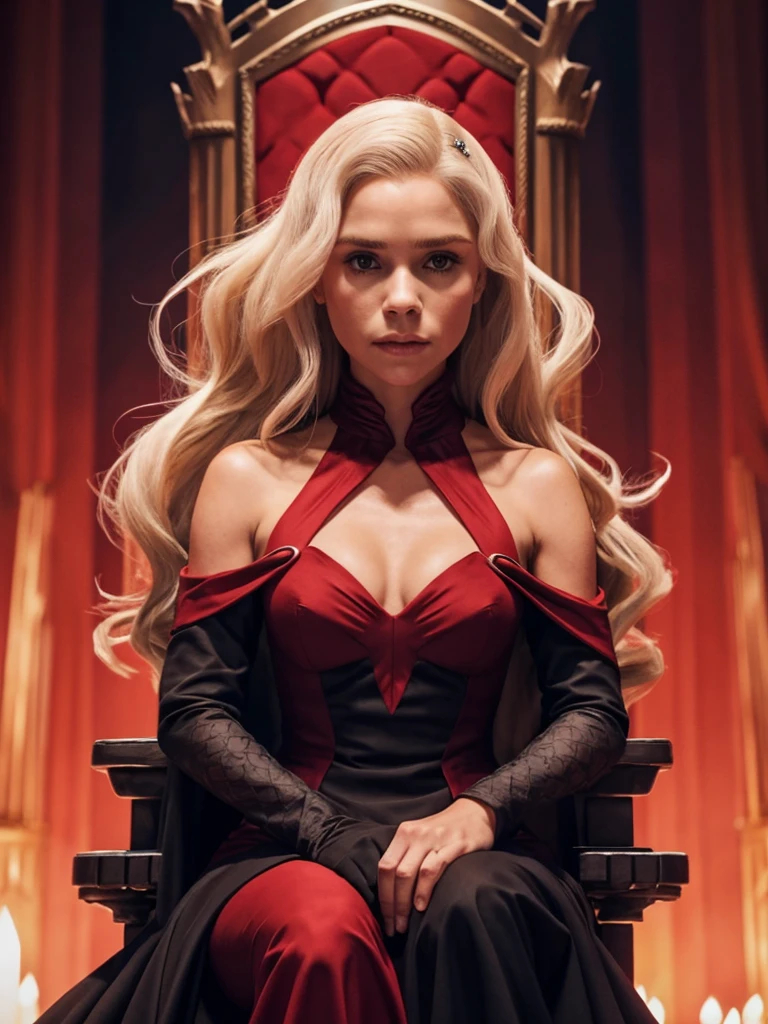 [[victoria beckham]] as Danaerys Targaryen, red, on the throne, black dress, dragon throne room, powerful