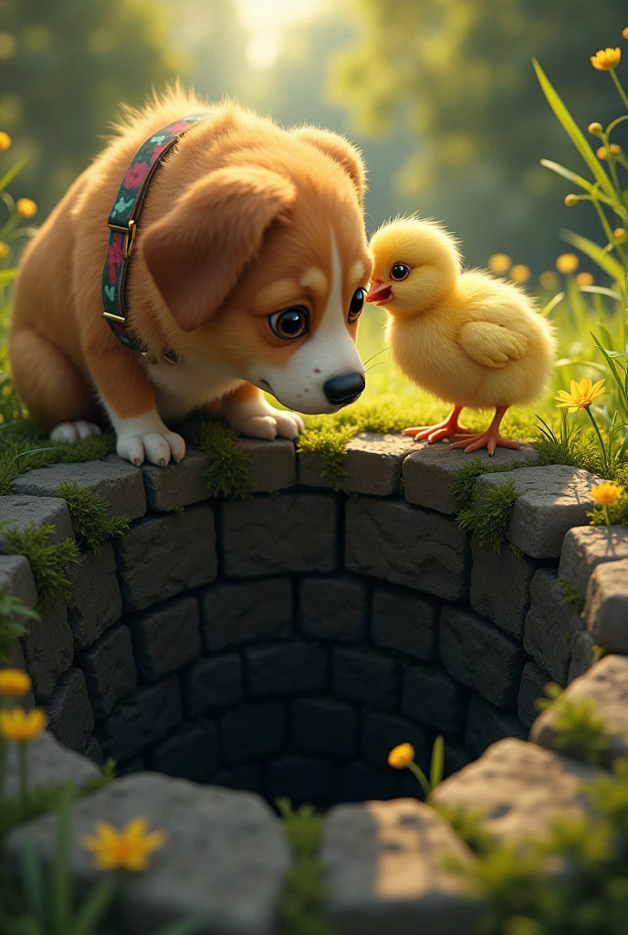 A little chick found himself falling into an old well. The little dog thought of a way to help the chick out of the well, but the well was too deep for the little dog to climb down.