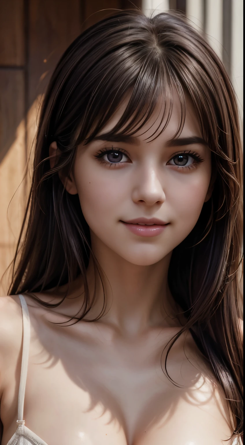 *8K masterpiece, Highest quality, Official Art, (Beauty and aesthetics: 1.3), Very detailed, realistic, Realism, photoRealism, photo-realistic, high contrast, (photorealistic:1.4), (perfect female figure), 8k high definition detailed realistic, (best quality, masterpiece:1.2), best quality, highly detailed, 1girl, looking at the viewer, upper body, from front, big breasts, brown hair, medium length hair, parted bang, purple eyes, downturned eyes, with sparkling eyes, pale skin, smile, voluptuous body,