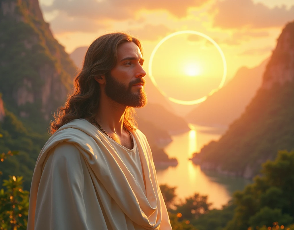 We need an image of a beautiful Jesus God, a high quality image that has a sunrise in front of our head and that image of a beautiful foreign country, a high quality image of a sunrise that is in the goal circle, that image of Jesus God. Aur High quality ka ho white me
