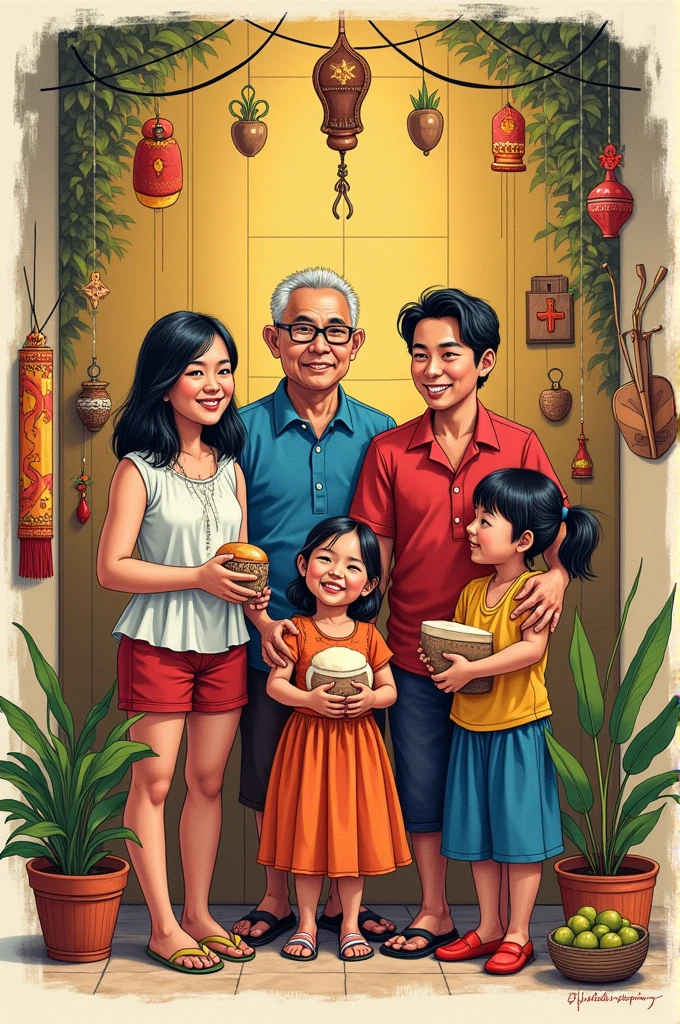 make me a sketch about the filipino culture with the 8 aspects of culture visualized in a family