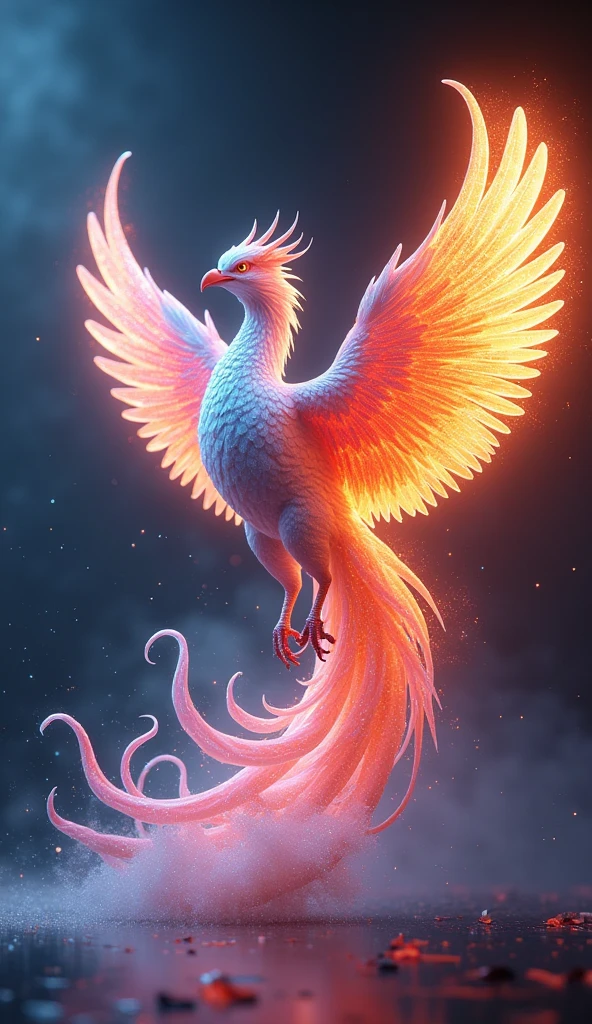 A majestic iridescent phoenix reborn from digital ashes in a holographic flame glaze、16K, Ultra-high resolution, Ultra-high resolution, to be born,wonderful ,future、Iridescent、The world 30 years from now