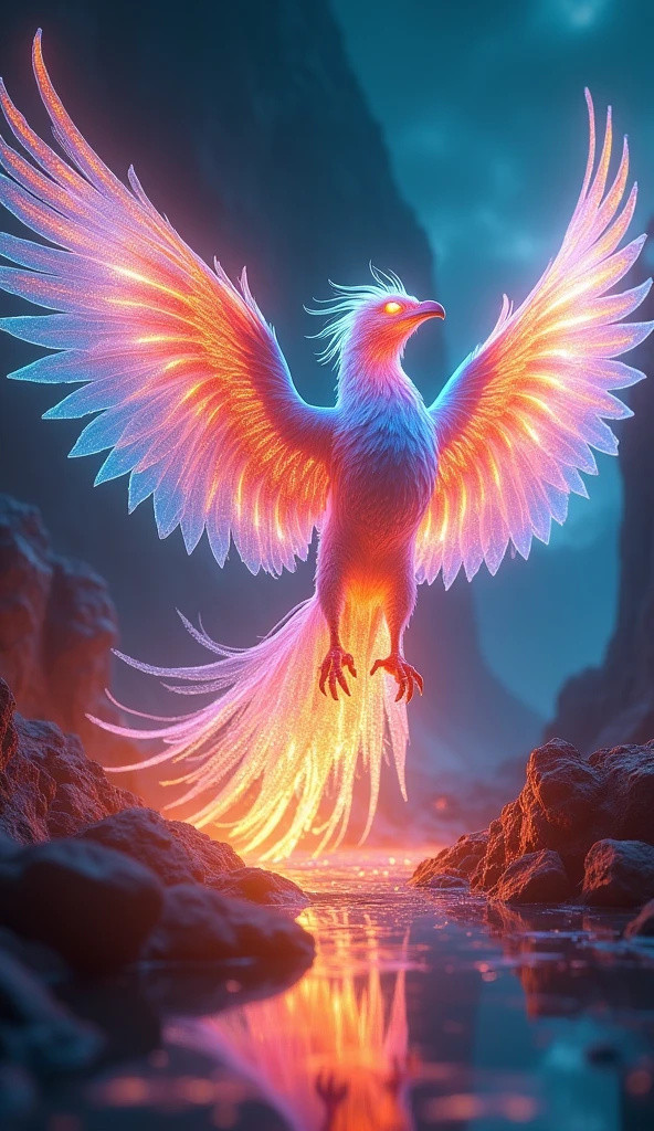 A majestic iridescent phoenix reborn from digital ashes in a holographic flame glaze、16K, Ultra-high resolution, Ultra-high resolution, to be born,wonderful ,future、Iridescent、The world 30 years from now