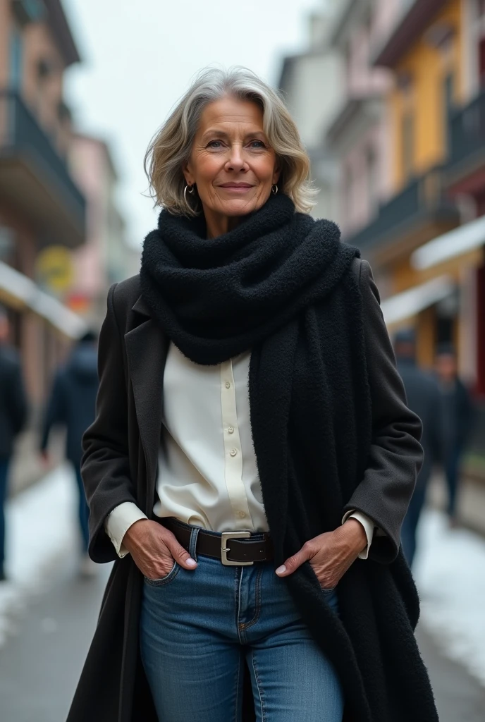 Woman in her 50s on a cold day in Brazil , wearing jeans, a white blouse and a black pashmina
