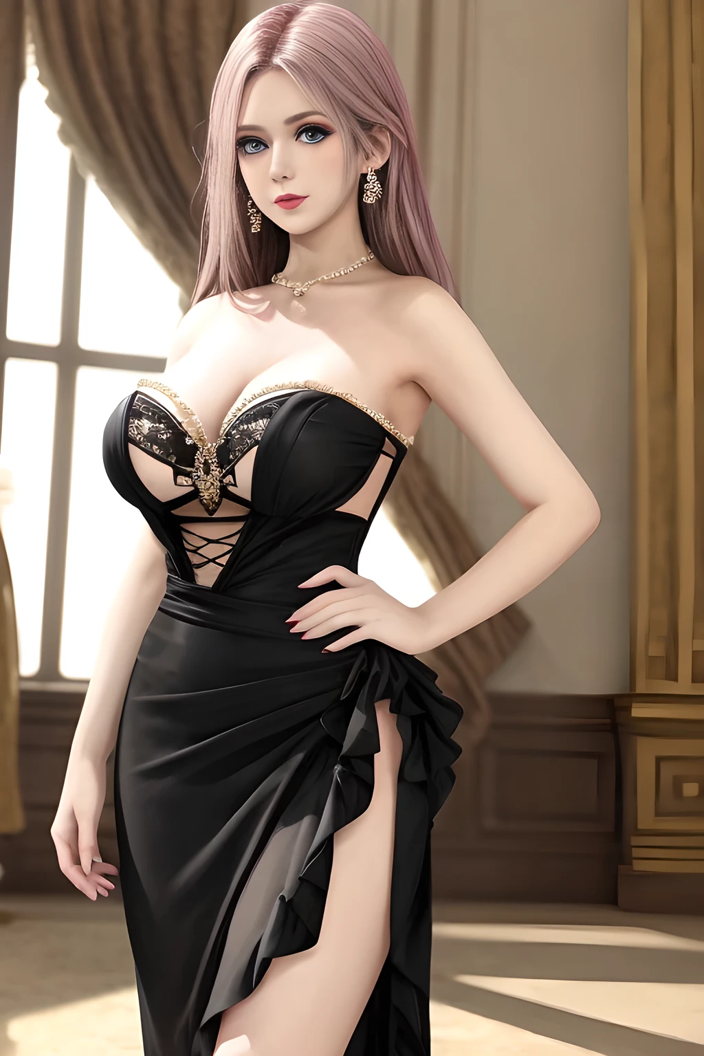 1girl ,flirtatious expression, wearing an elegant black strapless dress. The perspective-dress is beautifully designed with ruching on the bodice and a cascading ruffled asymmetrical hem, adding a playful and chic touch to the outfit. The person is standing upright, with one hand gently touching their leg and the other hand relaxed by their side. The background is plain and neutral, drawing attention to the dress itself. The lighting is soft, highlighting the details of the dress and creating a fashionable and stylish atmosphere,, huge breasts,mature women, elise