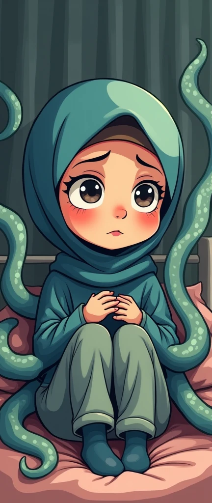 Cartoon with text:
(Masterpiece, best quality, 4k, expressive eyes, perfect face), cute and adorable girl, cute cartoon girl, (beautiful face, detailed eyes), wearing black hijab, (flat style,, hand drawn style, 2d style, Cartoon artstyle, toon style), ((wearing a small black bikini, bra, underwear)), (women embarrassed, shy), ((perfect body anatomy, perfect posture, beautiful legs)), (getting harrassed by multiple tentacles, tentacles grabbing her breast, tentacles squeezing boobs, tentacles grabbing her legs), confused, (on her bed, legs spread apart, legs up in the air, suspended by tentacles)