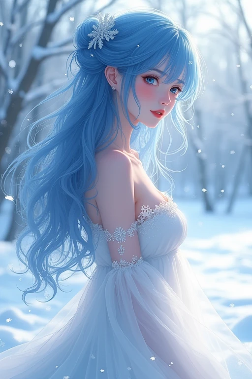 ((Highest quality)), ((masterpiece)), (detailed), One person, sexy、anime、Cute Woman、Blue Hair、adult、White Dress、Snow Scene