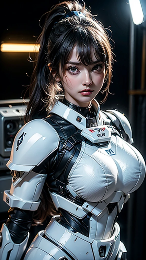 masterpiece, Highest quality, Ultra-realistic, Ultra-detailed, 8k resolution, RAW Photos, Sharp focus, (One person), alone, Gorgeous face, Perfect body, Mature Woman, Age 25,  Portraiture, Mecha, White Armor, Nanosuit, sexy, ponytail, Cinematic, Cinematic light, Large Breasts