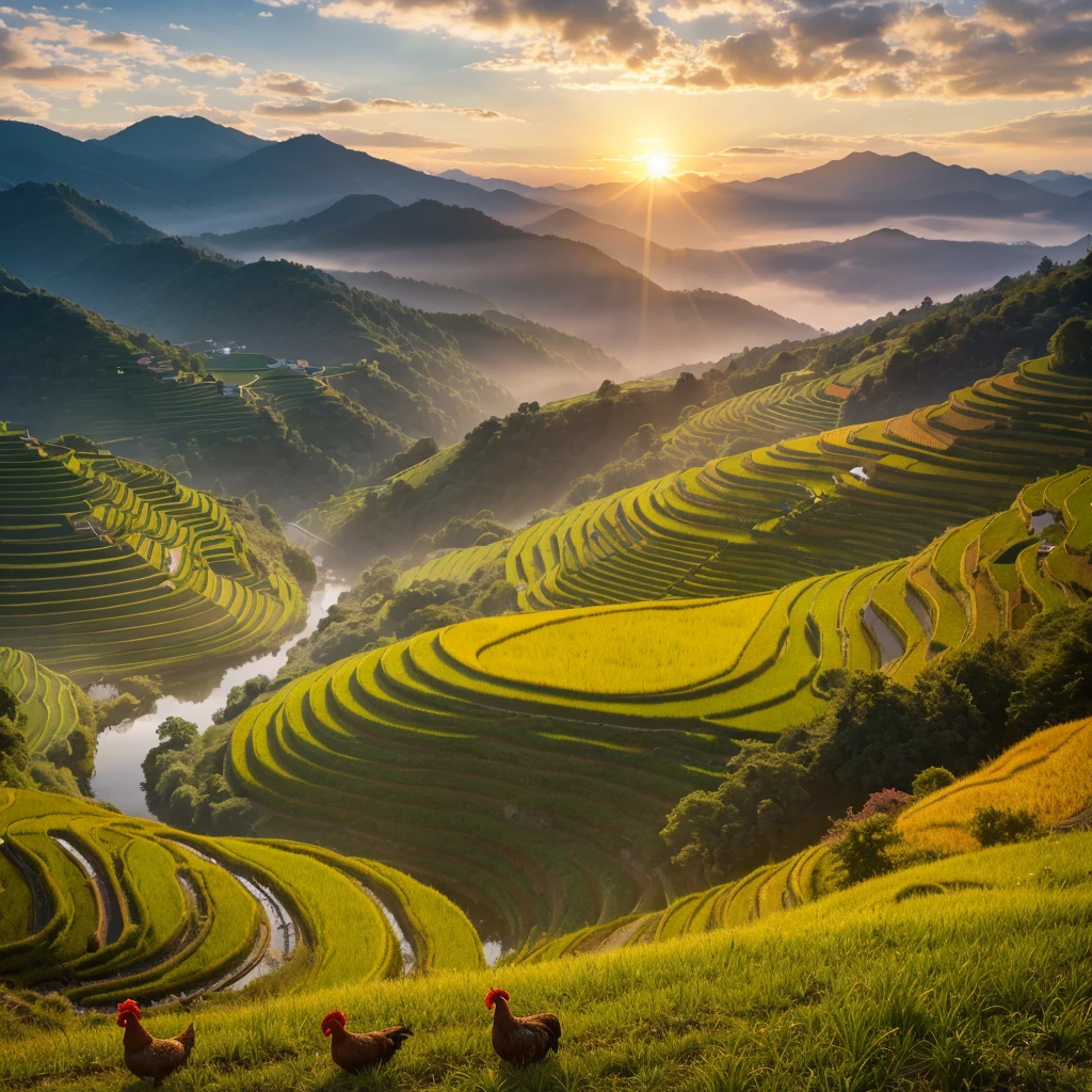 Beautiful sunrise scenery、Rural area shrouded in morning mist、Rice terraces reflecting the morning sun、Close and distant views、Highest quality、4K、8k、High resolution、Very detailed、Genuine、Realistic、Realistic、Detailed landscape、Beautiful sky、Warm Light、Calmな雰囲気、Detailed rooster、Detailed architecture、Morning Dew、Quiet landscape、Calm、Golden Hour