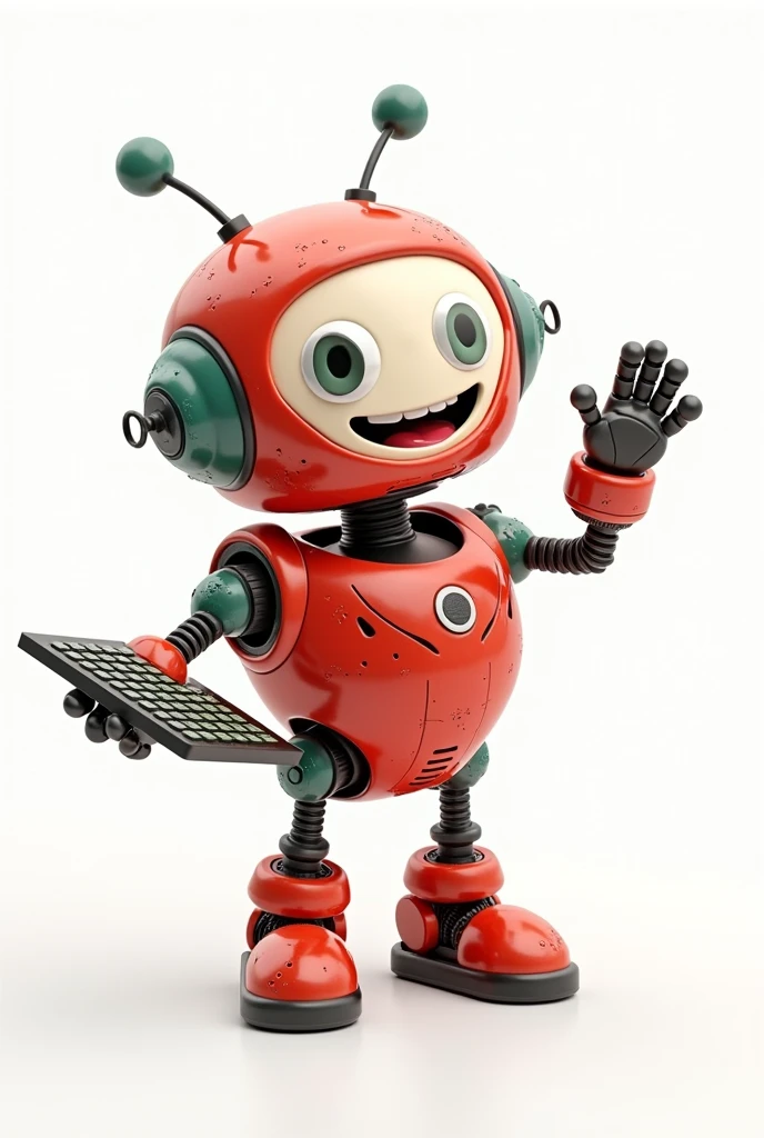 red and green smiling friendly nerd robot 3d character, a hand holding a keyboard, the other hand showing a welcoming gesture, Standing in front of a white background