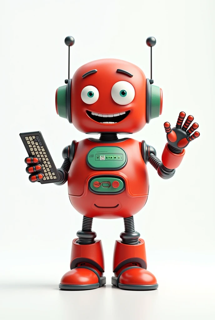 red and green smiling friendly nerd robot 3d character, a hand holding a keyboard, the other hand showing a welcoming gesture, Standing in front of a white background