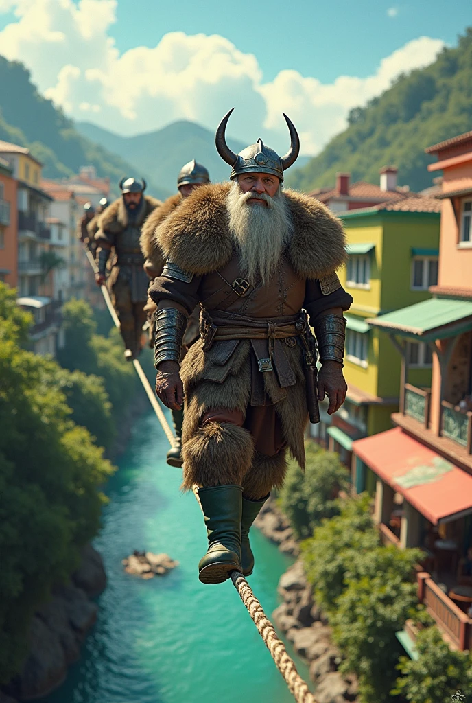 Vikings wearing plastic galoshes on a tightrope in Brazil