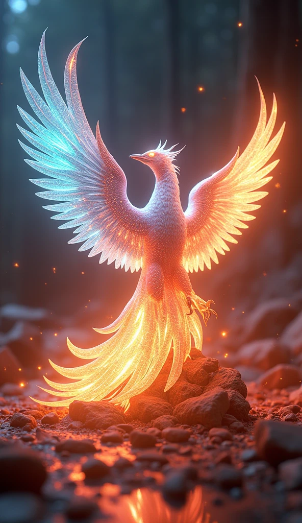A majestic iridescent phoenix reborn from digital ashes in a holographic flame glaze、16K, Ultra-high resolution, Ultra-high resolution, to be born,wonderful ,future、Iridescent、The world 30 years from now