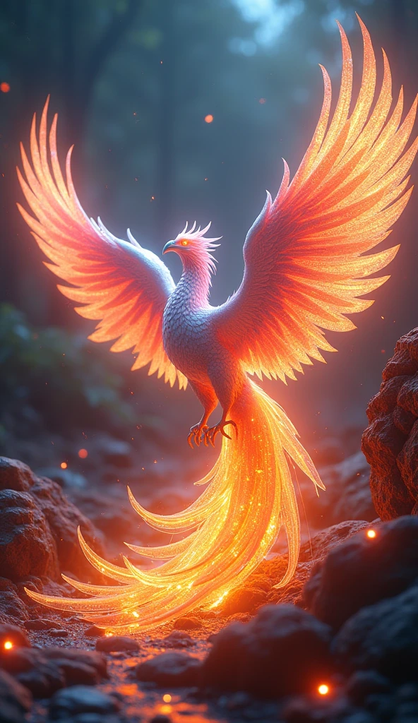 A majestic iridescent phoenix reborn from digital ashes in a holographic flame glaze、16K, Ultra-high resolution, Ultra-high resolution, to be born,wonderful ,future、Iridescent、The world 30 years from now