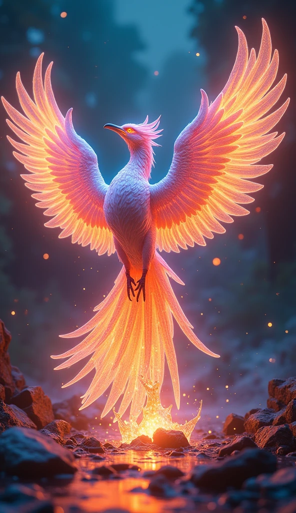 A majestic iridescent phoenix reborn from digital ashes in a holographic flame glaze、16K, Ultra-high resolution, Ultra-high resolution, to be born,wonderful ,future、Iridescent、The world 30 years from now