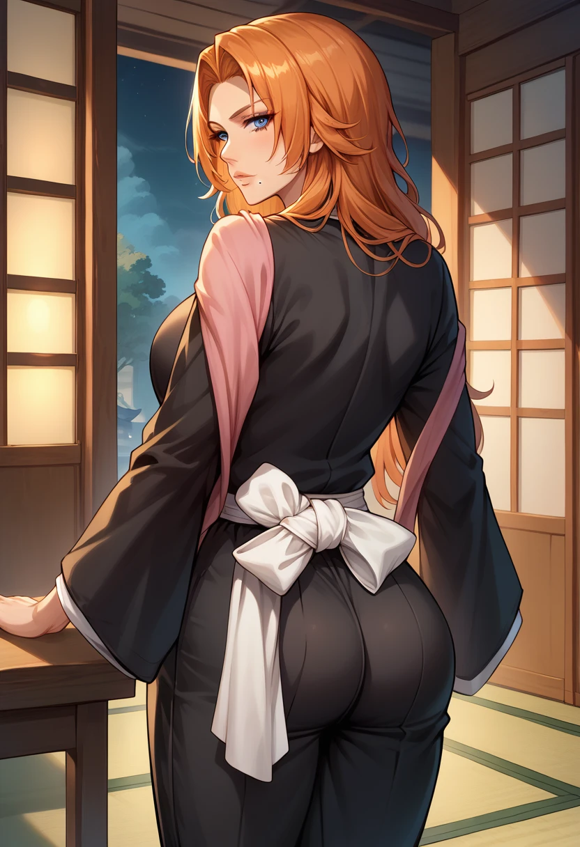 score_9, score_8_up, score_7_up, BREAK, score_9, defran, long hair, orange hair, blue eyes, mole under mouth, necklace, black robes, pink scarf, white sash, black hakama pants, looking at viewer, cowboy shot, ass, from behind, dojo, night