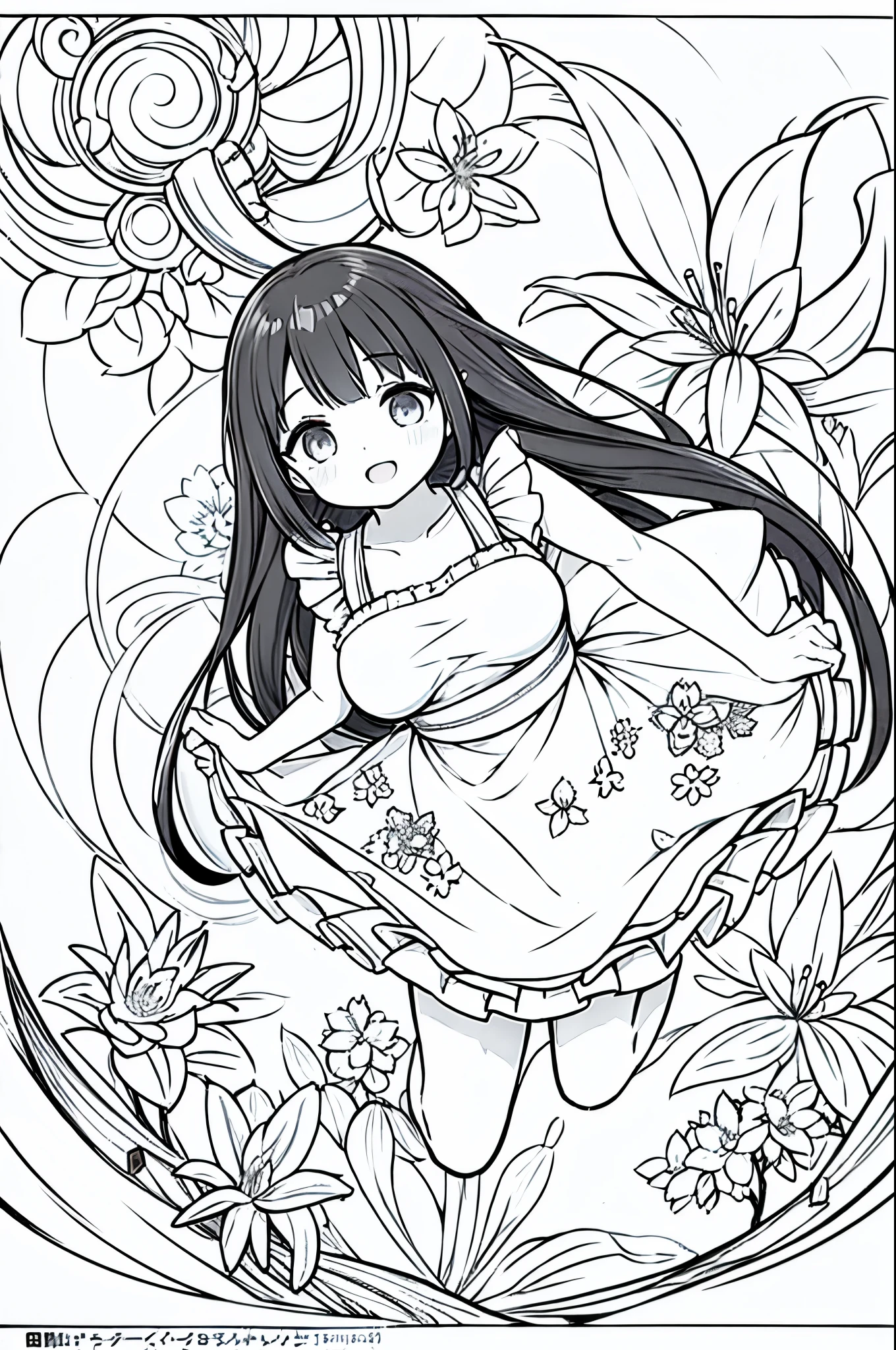 Black and white stick figure 1 with river lily flowers in the background, girl in floral dress, Anime characters (big) White apron and black hair, Fleet Series Style, Pixiv 3DCG, Ahegao, cushart krenz, Anime Moe Art Style, From the Azure Root video game, Biomechanics Boobs, Highest ranking on Pixiv, Highest quality, 8k hd, Thigh Gap, Half naked