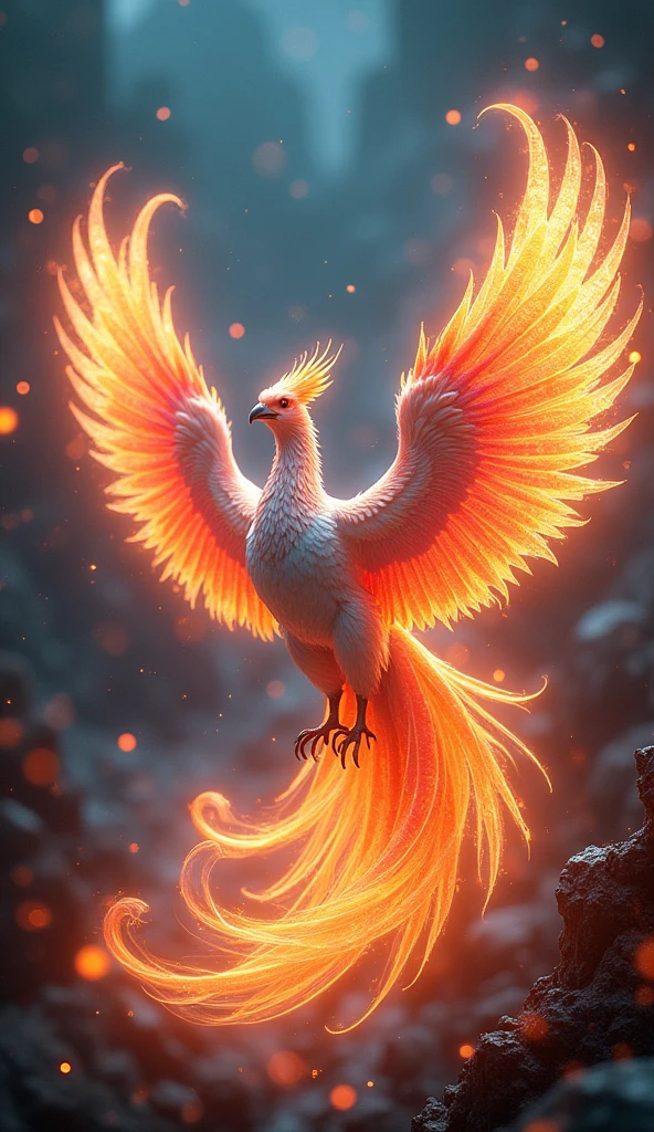 A majestic iridescent phoenix reborn from digital ashes in a holographic flame glaze、16K, Ultra-high resolution, Ultra-high resolution, to be born,wonderful ,future、Iridescent、The world 30 years from now