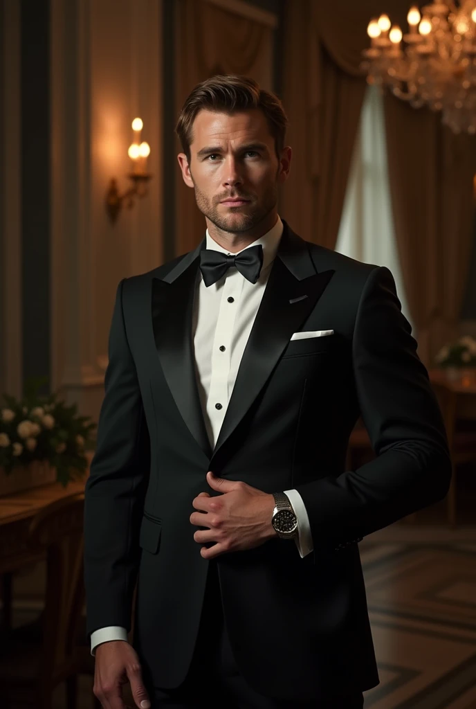 Liam Hemsworth as James Bond, wearing a black tuxedo