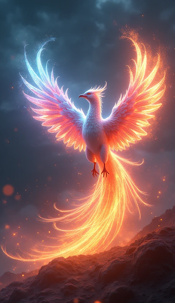 A majestic iridescent phoenix reborn from digital ashes in a holographic flame glaze、16K, Ultra-high resolution, Ultra-high resolution, to be born,wonderful ,future、Iridescent、The world 30 years from now
