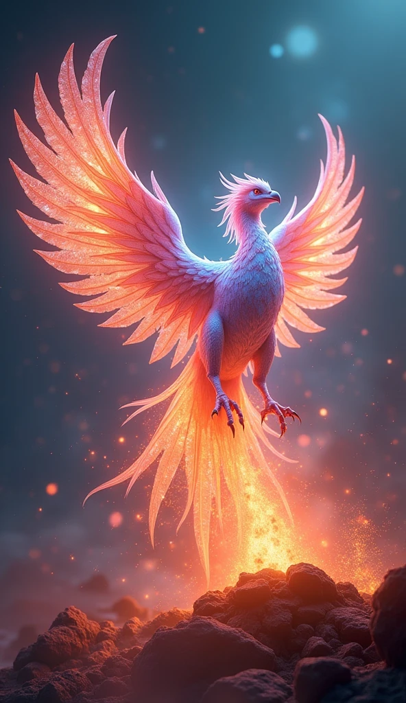 A majestic iridescent phoenix reborn from digital ashes in a holographic flame glaze、16K, Ultra-high resolution, Ultra-high resolution, to be born,wonderful ,future、Iridescent、The world 30 years from now