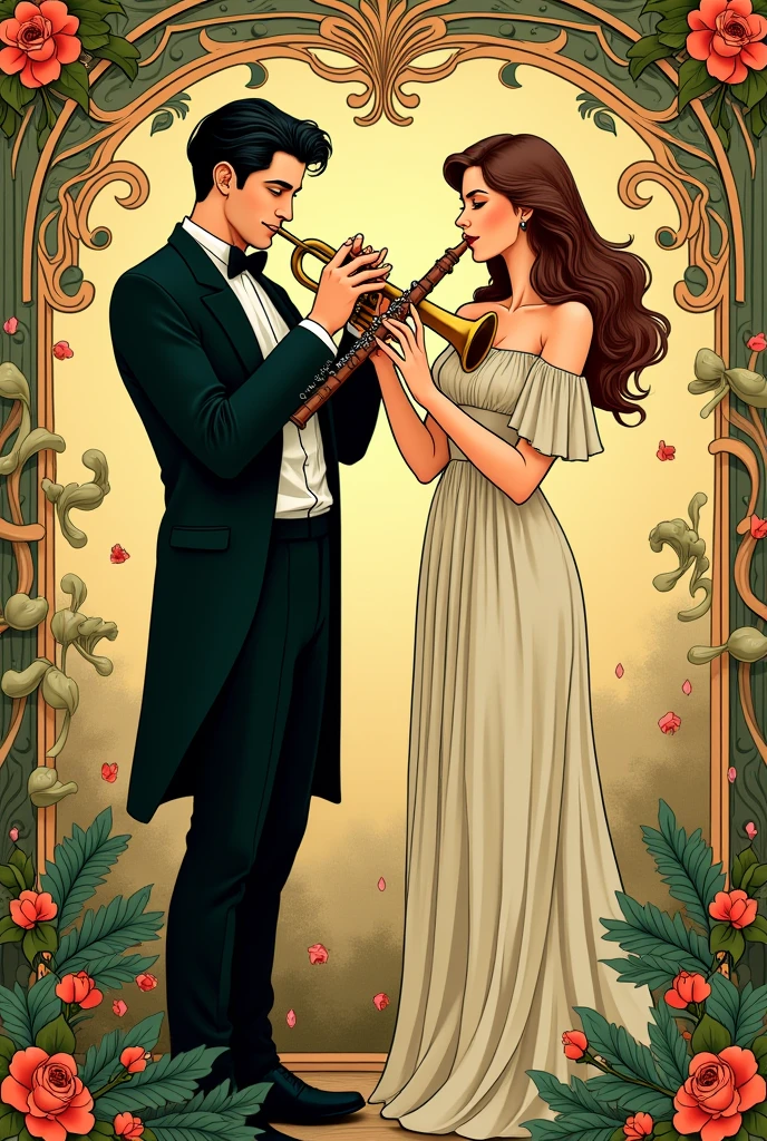 Homme qui joue de la trompette, femme qui joue de la clarinette, couple, affiche art nouveau