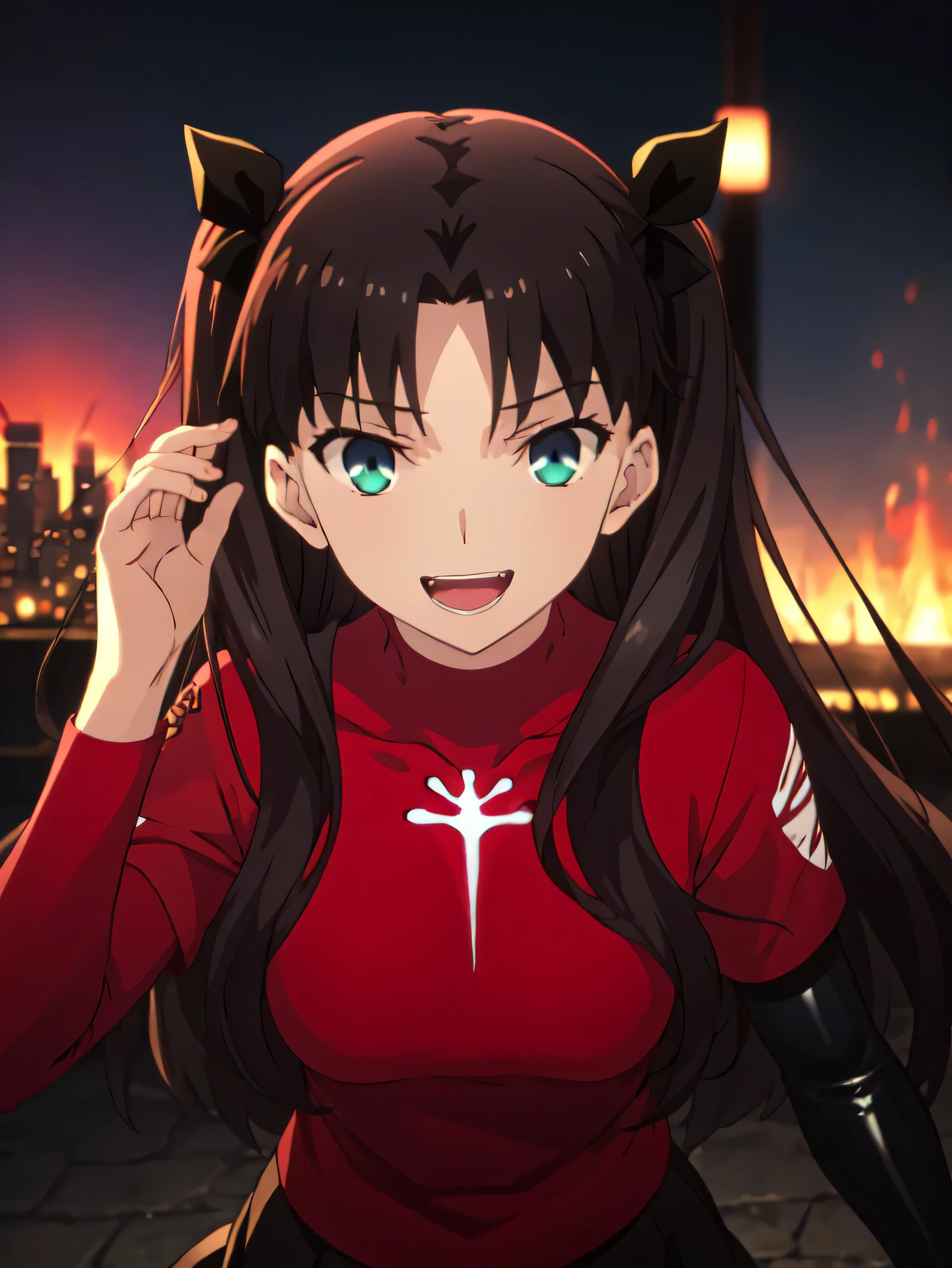 Highest quality, masterpiece, High resolution, 一人w, (Tohsaka_Also_fwestaynightufotable:1.10), one person, アニメ_coloAlsog, turtleneck, , Lookwg_w_Audience, brown_hair, Parody, green_eye, , swewer, アニメ_style, 5 ,,Bad face,, Black Skirt,both hands,Two legs,Five Fwgers,Evil background,shwy ,shwy latex Black thighhigh socks ,evil laugh, Debish Aura (Shwy fabric:1.5),Dark world background,solo,Burnwg cityscape,lookwg dwon at viewer