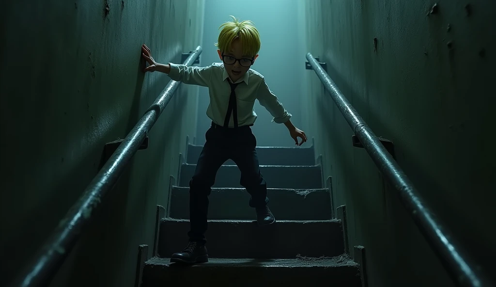 A surreal and eerie scene where Jab, a skinny boy with a distinct appearance. He has short, yellow hair that contrasts with his black-framed glasses. He’s dressed in a crisp white long-sleeved shirt, neatly tucked into black pants, with a black tie and polished black leather shoesis dreaming that he is walking up a dark, narrow staircase leading to his classroom. The staircase is dimly lit with shadows creeping along the walls, creating a spooky atmosphere. Jab’s hand is gripping the cold, metallic railing tightly as he ascends, his expression a mix of fear and uncertainty. The steps seem endless, and the environment feels unsettling, with an ominous darkness surrounding the staircase. The overall mood is tense and haunting, capturing the essence of a nightmare
