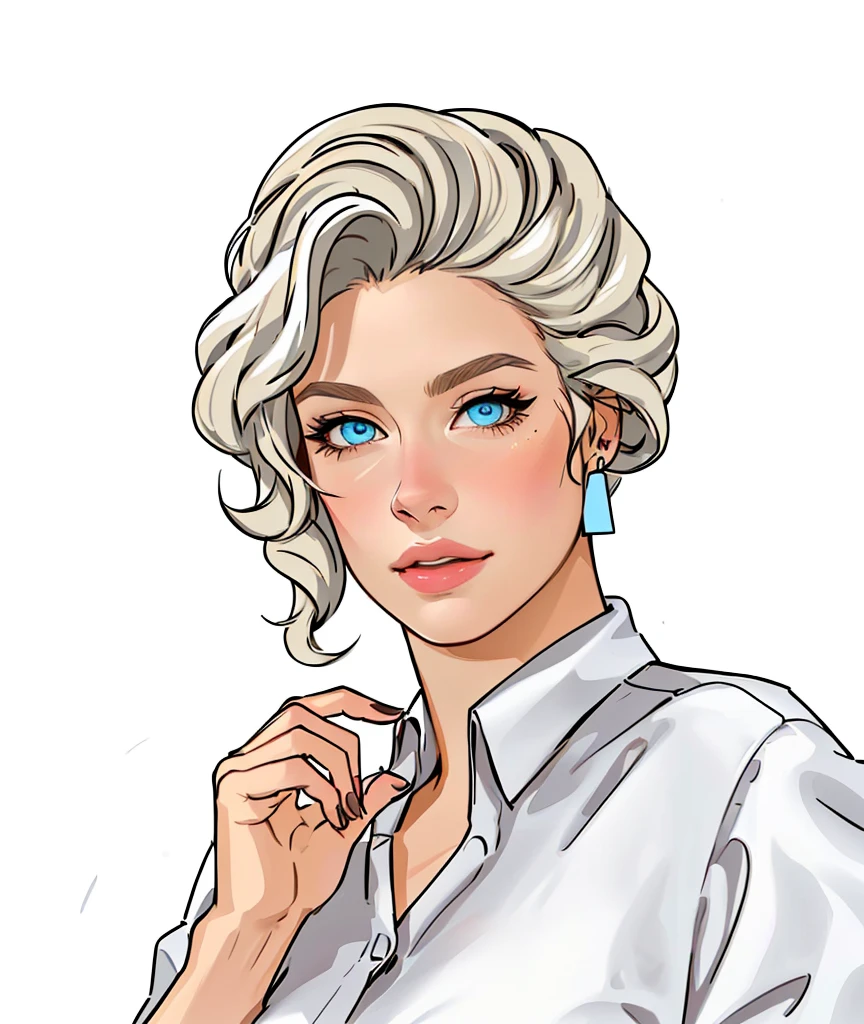 cartoon woman with white hair and blue eyes in a white shirt, attractive androgynous humanoid, in digital illustration style, digital art of elegance, illustration in cartoon style, vector drawing in style, white haired lady, realistic female portrait, Beauty with detailed faces, Portrait of a blonde, Detailed color portrait, an unusually detailed woman, Portrait of a lovely woman