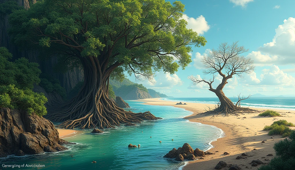 We need mangroves full of life on the left, The right side is dry, Divide into two , The tree on the right is dry.、It should be more realistic。Coastal forests