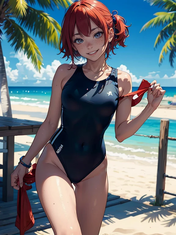 Highest quality, Masterpiece in anime style, (alone:1.1),T-shirt rolled up,Show off your flashy swimsuit,Summer beach, A nasty smile, Sensual, Cute Freckles, Mole under the left eye,