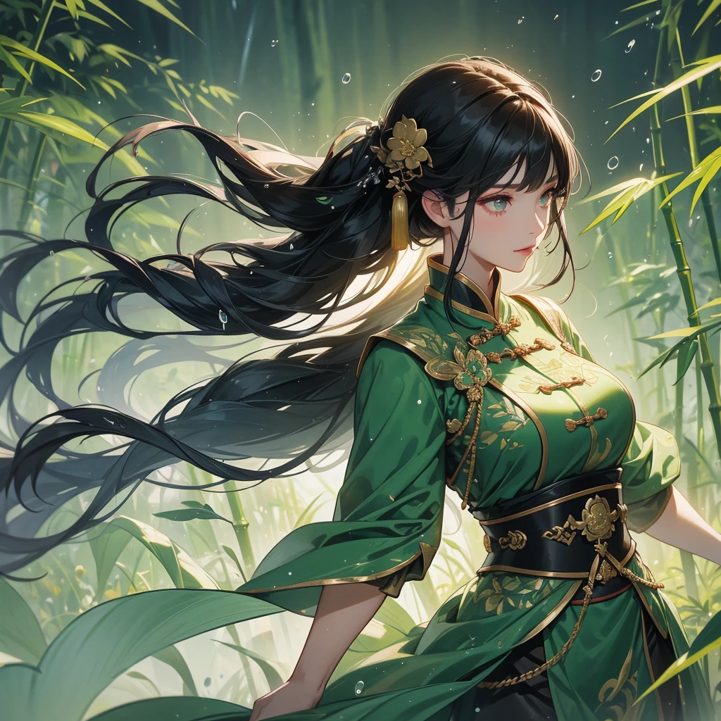 a beautiful woman black-haired female general holding a large sword in ancient Chinese general costume, the back is a lush green bamboo forest. the air after rain has water droplets splashing around.
