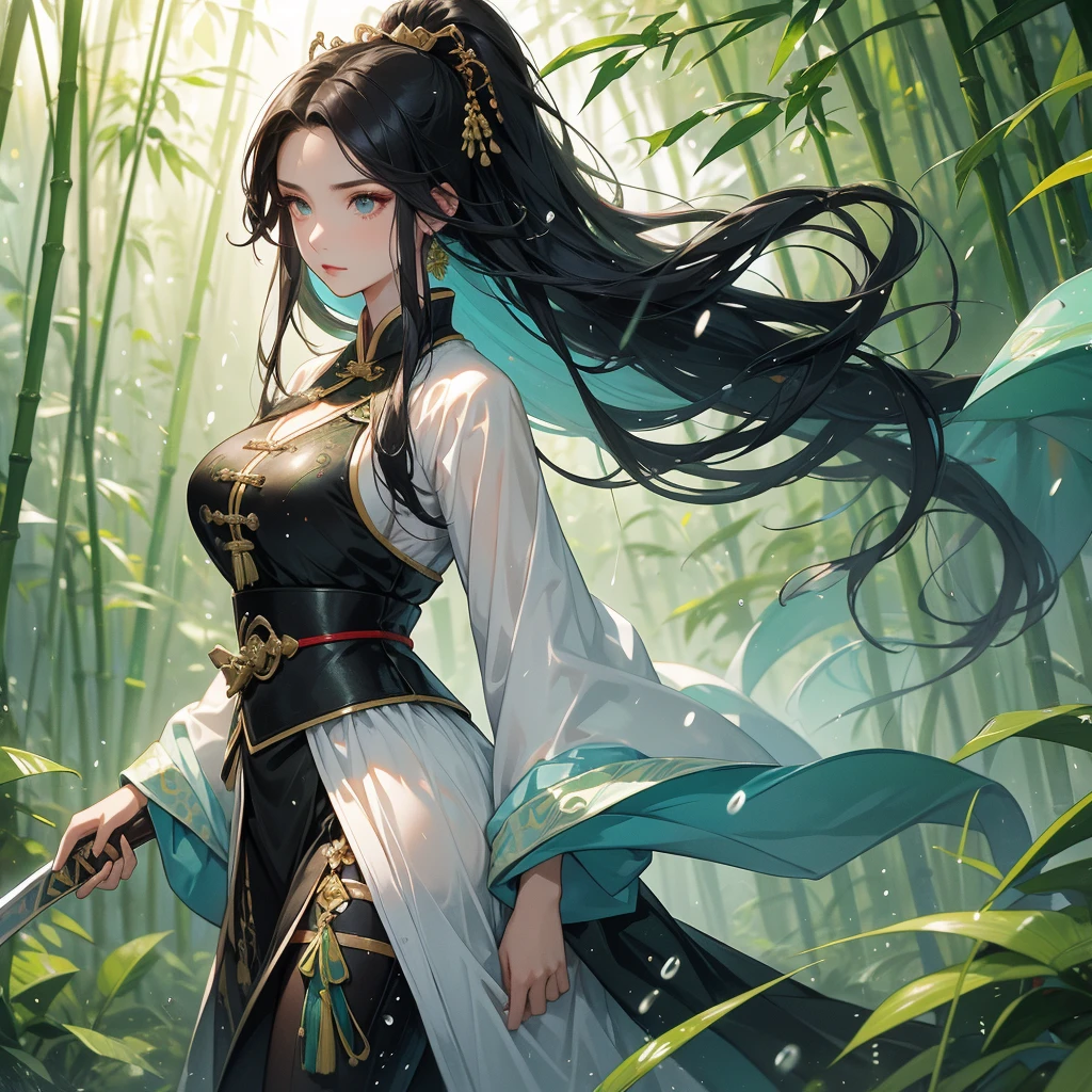 a beautiful woman black-haired female general holding a large sword in ancient Chinese general costume, the back is a lush green bamboo forest. the air after rain has water droplets splashing around.