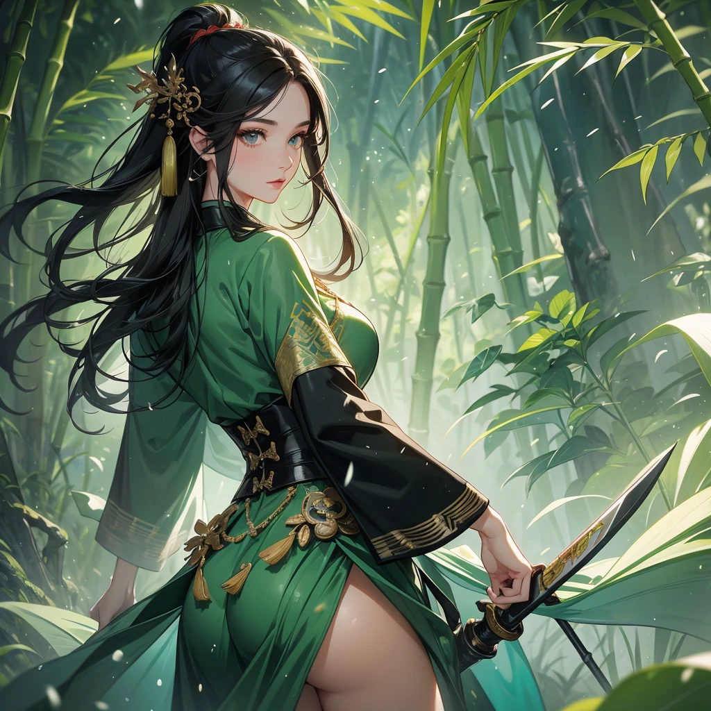 a beautiful woman black-haired female general holding a large sword in ancient Chinese general costume, the back is a lush green bamboo forest. the air after rain has water droplets splashing around.