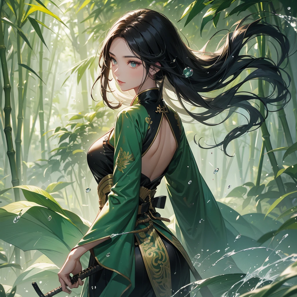 a beautiful woman black-haired female general holding a large sword in ancient Chinese general costume, the back is a lush green bamboo forest. the air after rain has water droplets splashing around.