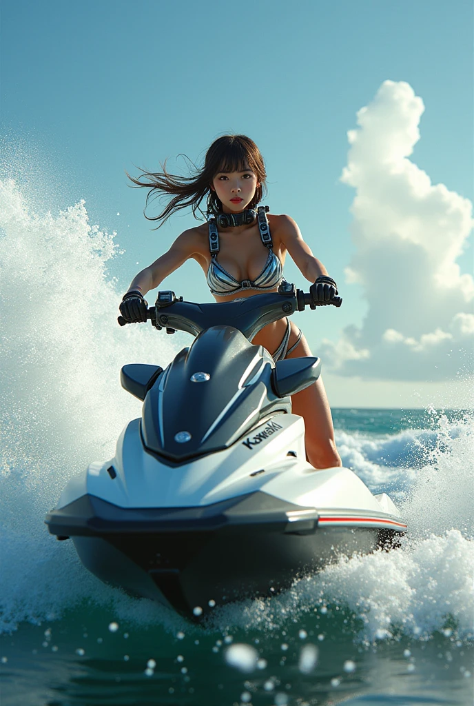 photo-realistic, ultra-realistic, very beautiful Japanese, famous Japanese idol, 20 years old, dramatic scene, masterpiece, beautiful eyes, (face focus, acrobatic closeup to her beautiful face:1.3), (wearing cyber punk cute mecha bikini:1.5), (she is enjoying an acrobatic jet skiing on the sea:1.5), (super big jump in the air over the huge waves:1.5), (fully equipped with scuba equipment:1.3), amazing view of huge waves with her brilliant riding techniques, acrobatic pose, dynamic angle, spectacular, Nimble movements, Sharp turns, (very large breasts), Kawasaki Jet ski