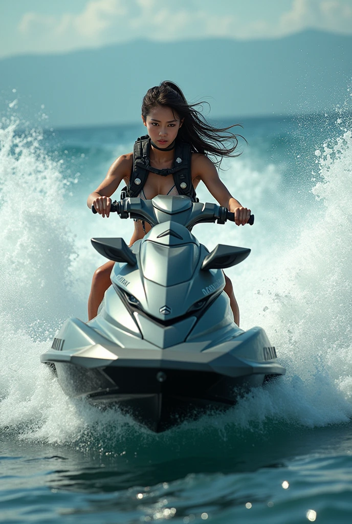 photo-realistic, ultra-realistic, very beautiful Japanese, famous Japanese idol, 20 years old, dramatic scene, masterpiece, beautiful eyes, (face focus, acrobatic closeup to her beautiful face:1.3), (wearing cyber punk cute mecha bikini:1.5), (she is enjoying an acrobatic jet skiing on the sea:1.5), (super big jump in the air over the huge waves:1.5), (fully equipped with scuba equipment:1.3), amazing view of huge waves with her brilliant riding techniques, acrobatic pose, dynamic angle, spectacular, Nimble movements, Sharp turns, (very large breasts), Kawasaki Jet ski